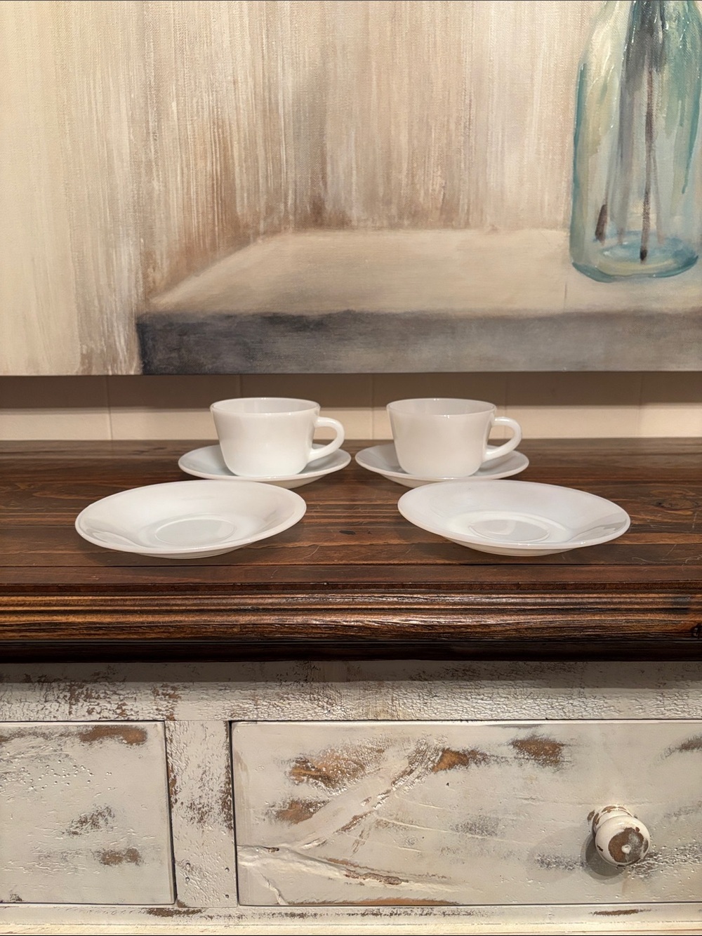 Vintage Translucent Milk Glass Fire King 2 Cups And 4 Saucers Made In USA